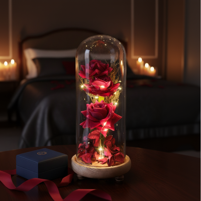 Preserved rose gift jar with fairy lights, perfect gift for her